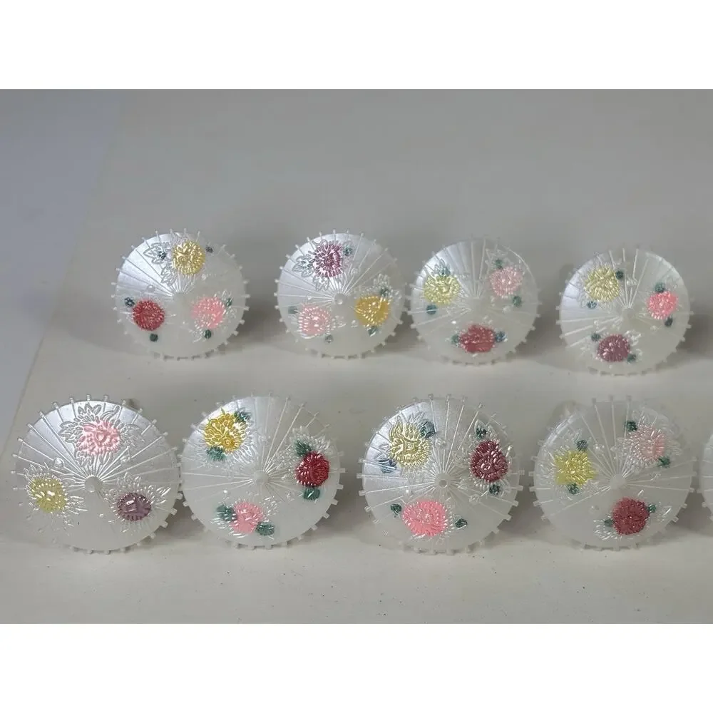 20 Vintage Plastic Cake Topper Parasols Painted Umbrellas Floral Pearlescent